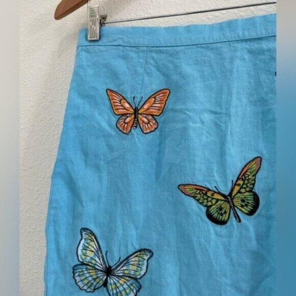Fanm Mon Linen Embroidered Midi Skirt Butterfly 90’s Contemporary Boho Blue - Picture 2 of 9